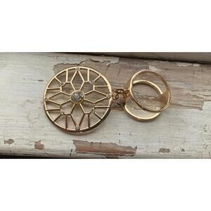 Gold Tone Scarf Ring Geometric Sunburst Rhinestone Accent Modern Style